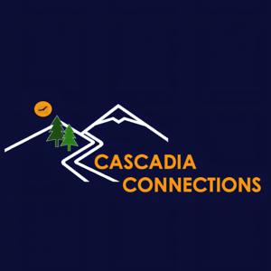 Logo for Cascadia Connections with a mountain, road, trees, moon with a hawk